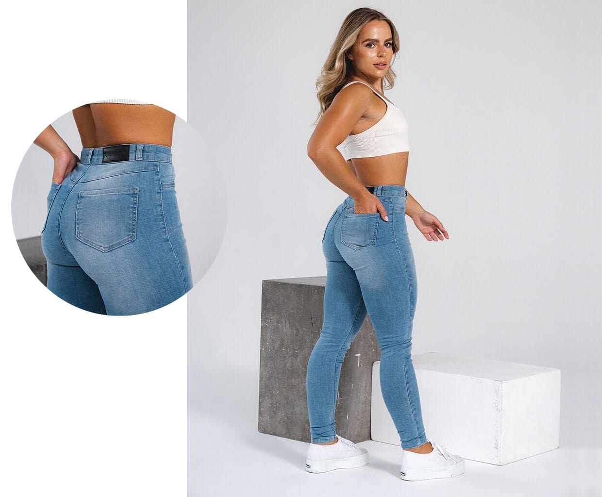 Fashionable women’s jeans product image, showcasing modern styling and fit details for apparel listings